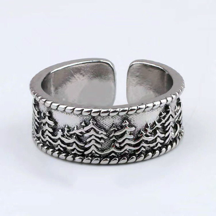 森林纹路戒指小众设计镀银复古做旧质感指环开口可调手饰货源批发