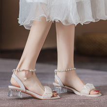 粗跟凉鞋女2023年夏季新款方头绝美气质法式配裙子珍珠中跟鞋