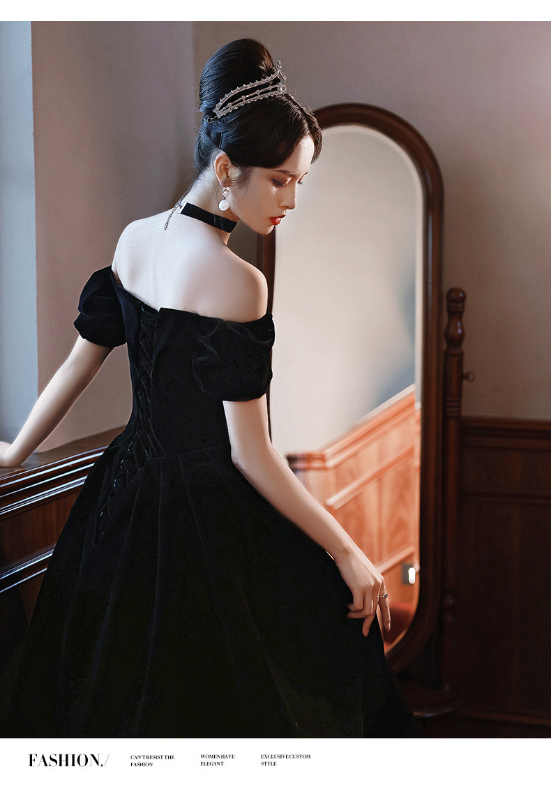 一字肩晚礼服女2022新款赫本风黑色气质年会长裙艺考主持人晚礼服