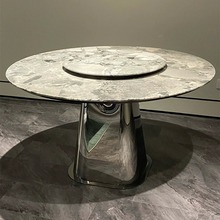 设计师TJSY不锈钢方锥圆餐台圆桌镜面不锈钢意式极简轻奢带转盘