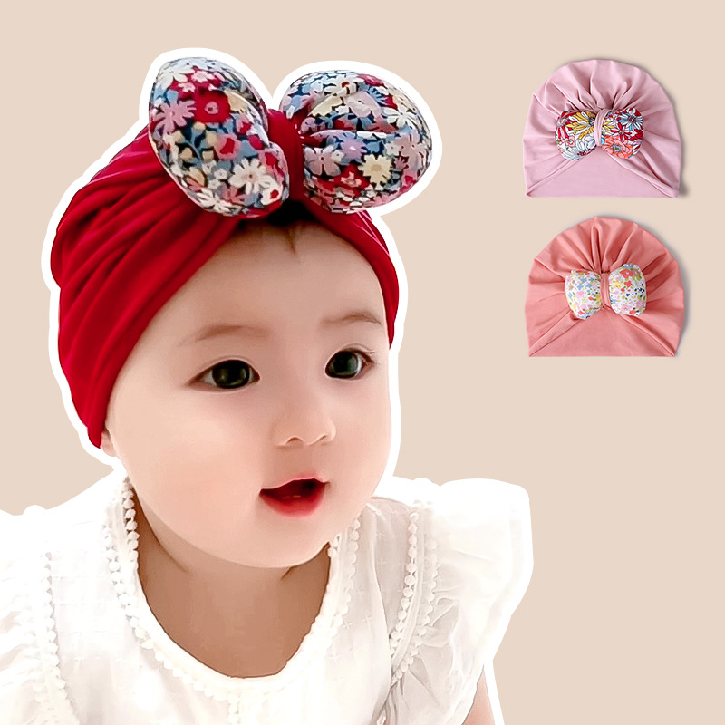 宝宝囟门帽子春秋大蝴蝶结新生儿胎帽男女护脑门婴儿头巾帽