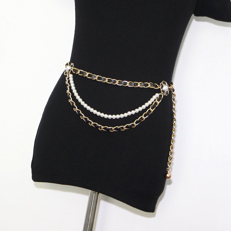 小香风链条珍珠腰链女配连衣裙毛衣链金属配饰腰带收腰装饰女腰封