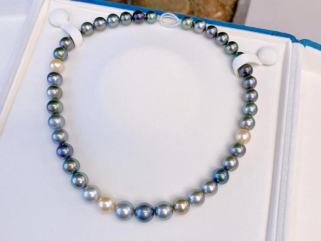 南洋光滑混海水珍珠大溪地正圆混彩11表皮4mm天然彩色项链图片色