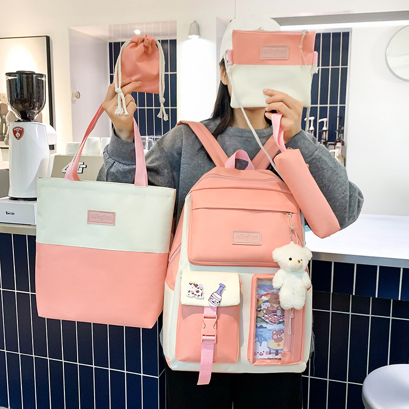 Five-Piece Schoolbag Women's New Korean Style Cute Girl's Backpack Large Capacity Casual Junior's Schoolbag Backpack
