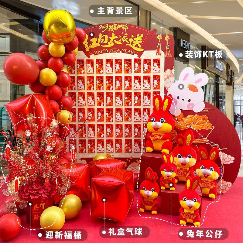 兔年新年年会气氛布置红包墙抽奖装饰店铺开业元旦活动气球背景