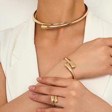 1套欧美时尚简约重金属气质几何环形光面女项圈手镯戒指首饰套装