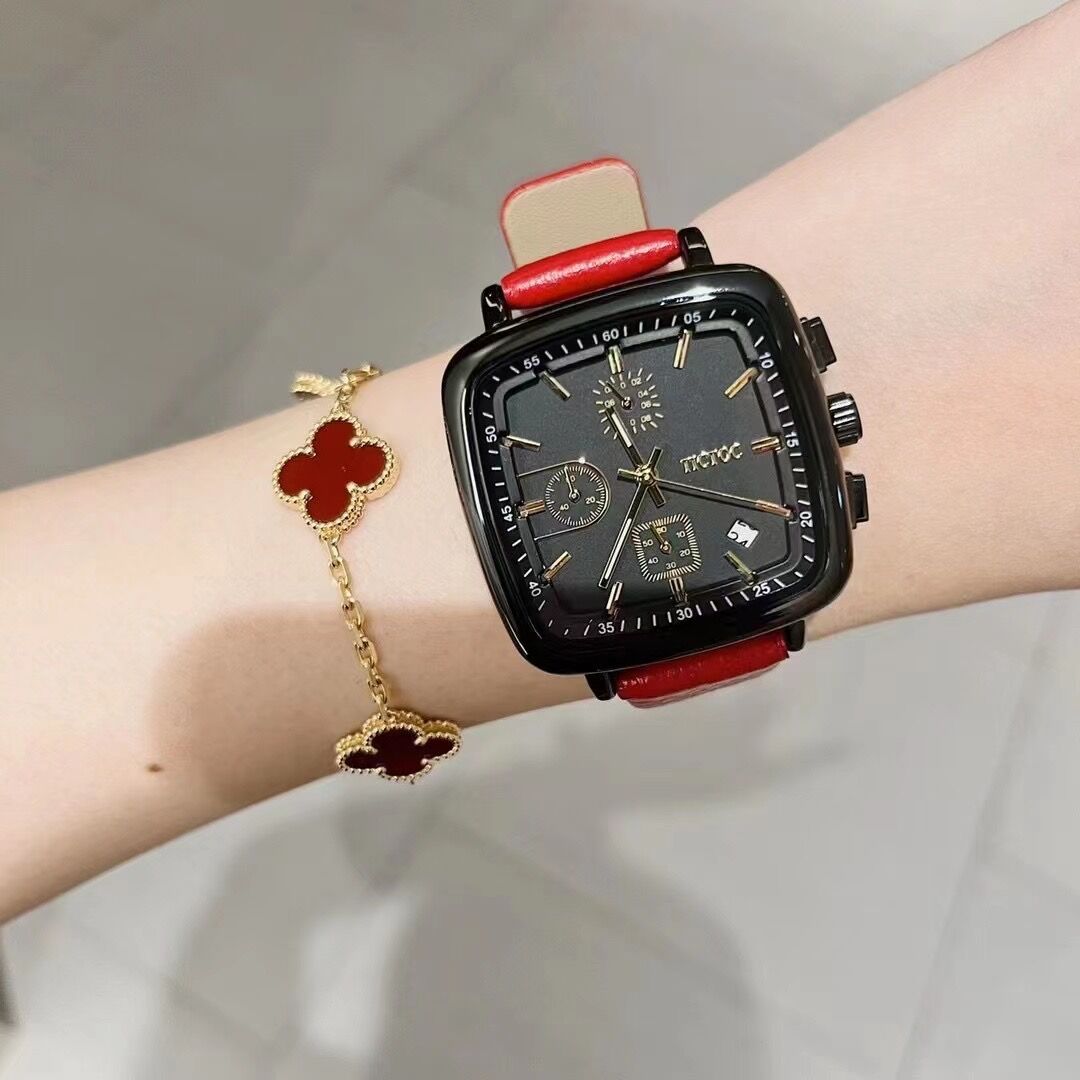 tt方形手表三眼6针带日历防水学生休闲时尚潮流运动女士女表皮带
