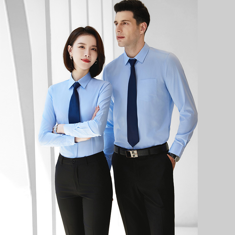 浅蓝色衬衫公务员上班正装男女教师4s店工作服职业套装衬衣绣logo