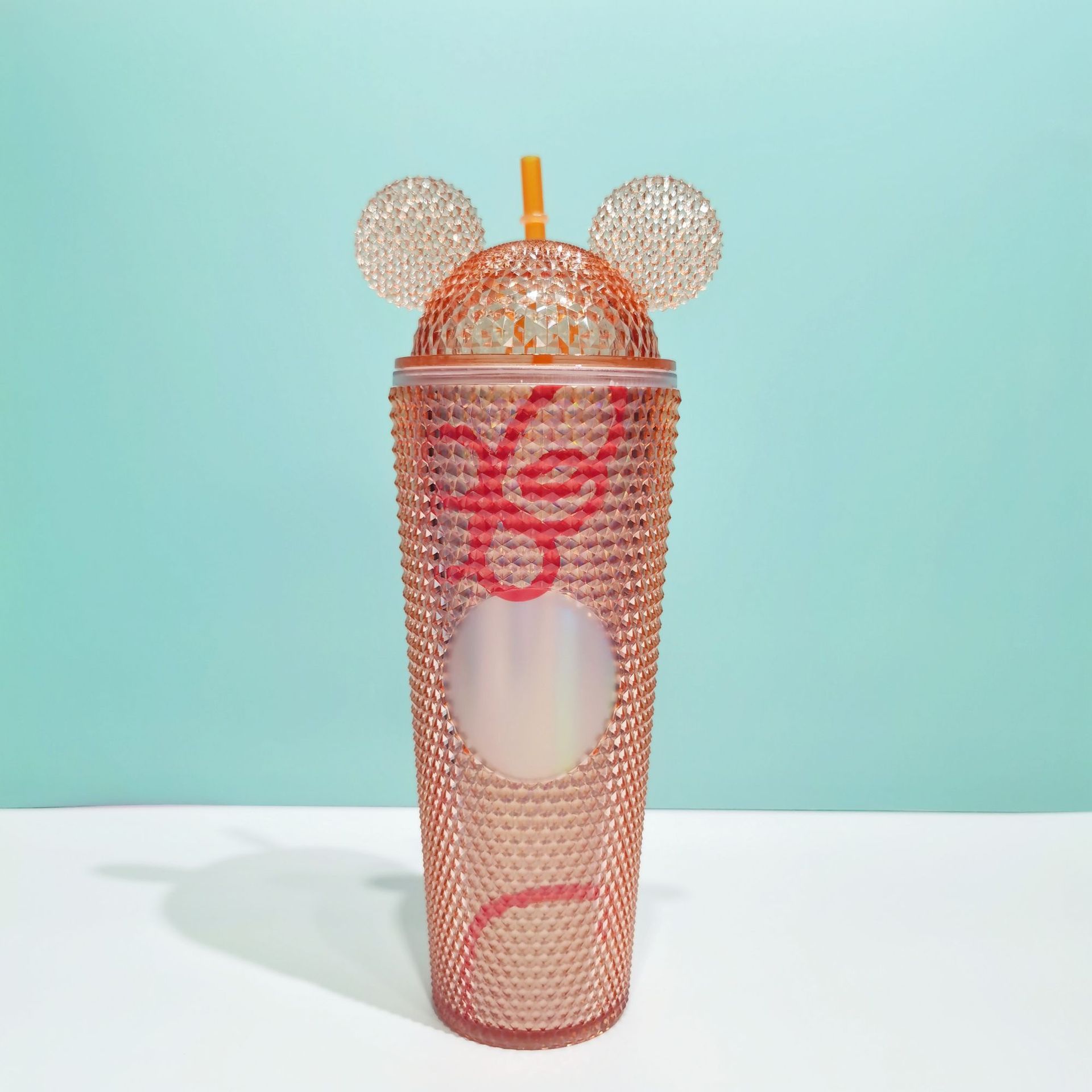 Cross-Border Amazon Double-Layer Plastic Straw Cup New Mickey Ear Durian Cup Butterfly Pattern Portable Diamond Cup