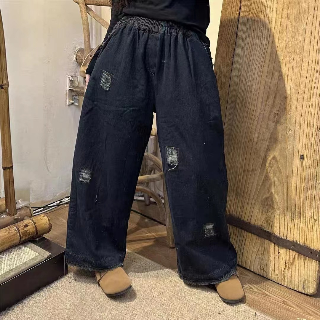 时尚洋气破洞牛仔阔腿棉裤女冬季宽松显瘦夹棉加厚保暖高腰直筒裤