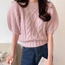 韩国chic甜美糖果色圆领菱形麻花纹设计宽松休闲泡泡袖针织衫毛衣