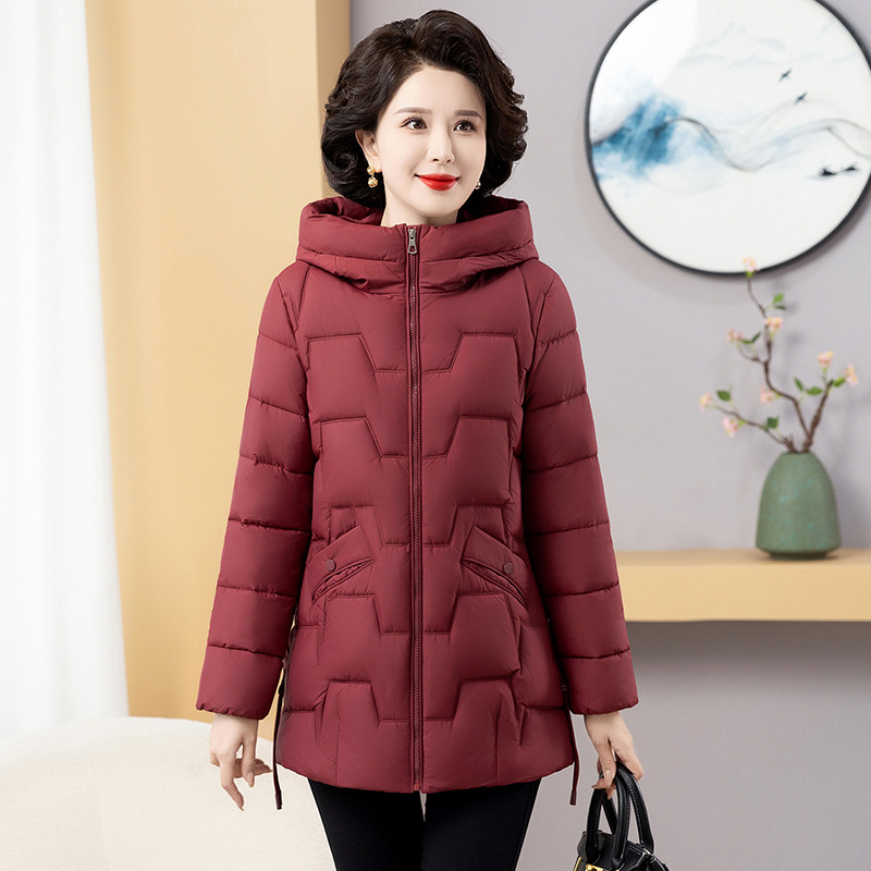 冬季新款中老年女装时尚棉衣短款妈妈装棉服连帽纯色棉袄棉外套