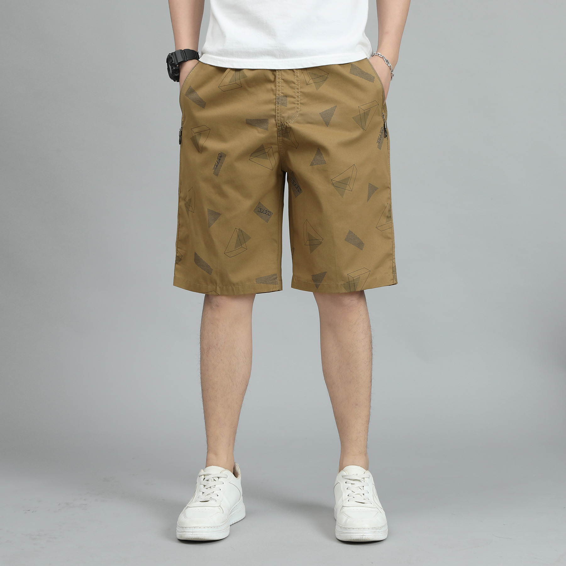 品牌夏季新款沙滩裤纯棉休闲五分裤拉链多口袋宽松户外中年短裤男