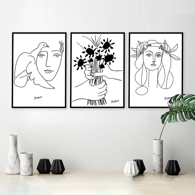 抽象毕加索线条艺术黑白简约装饰画芯帆布画酒店配画速卖通wish