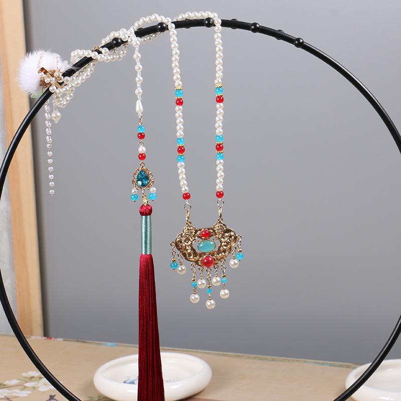 Original Hanfu Beiyun Necklace of Precious Stones Long Necklace Tassel Pearl Collar Ming Evening Ancient Style Longevity Lock Flat-Fitting Collar Matching