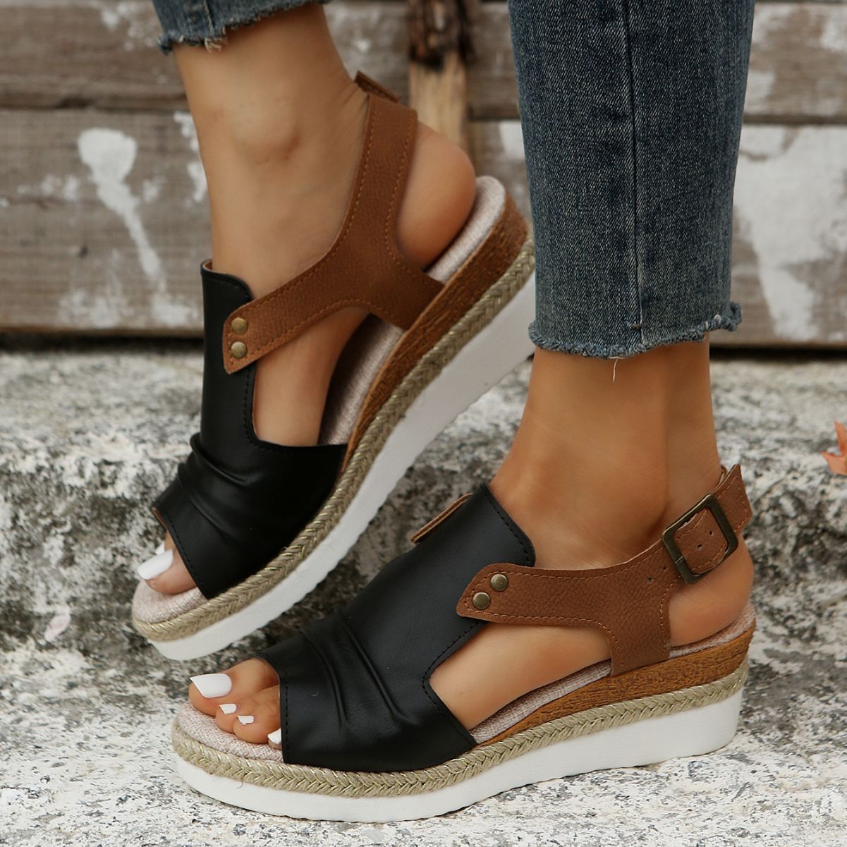 European and American Foreign Trade Cross-Border Large Size Wedge Peep Toe Sandals Women's Summer New Hasp Outerwear Beach Slippers Ebay