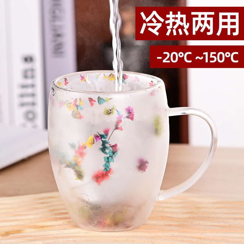 Dried Flower Double-Layer Cup Real Flower Cup Heat Insulation Double Wall Water Bottle Creative New Customer Good-looking Household Glass Internet Celebrity Cup