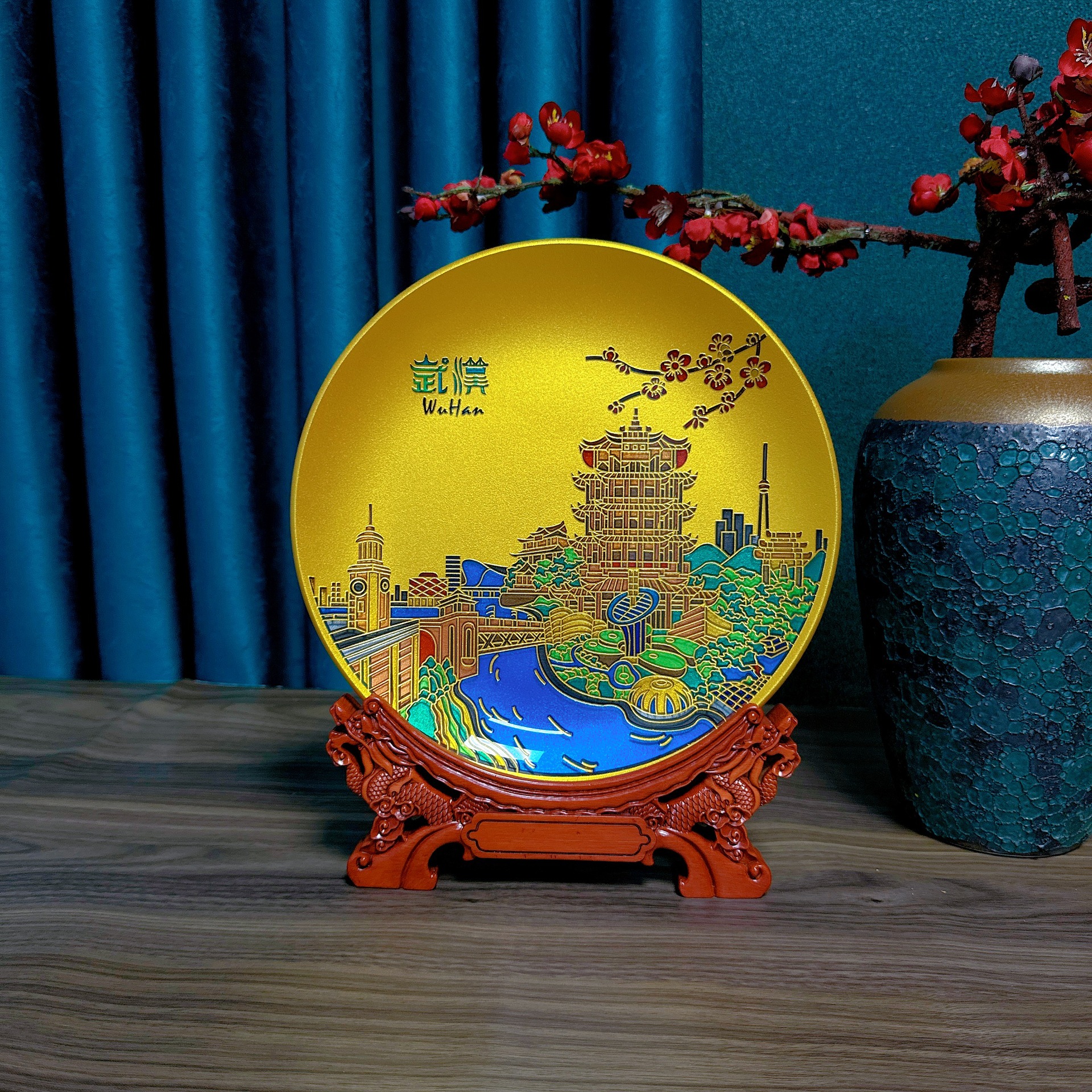 百福十年制造湖北城市风光景点纪念品黄鹤楼晶化玻璃圆盘晶雕彩绘