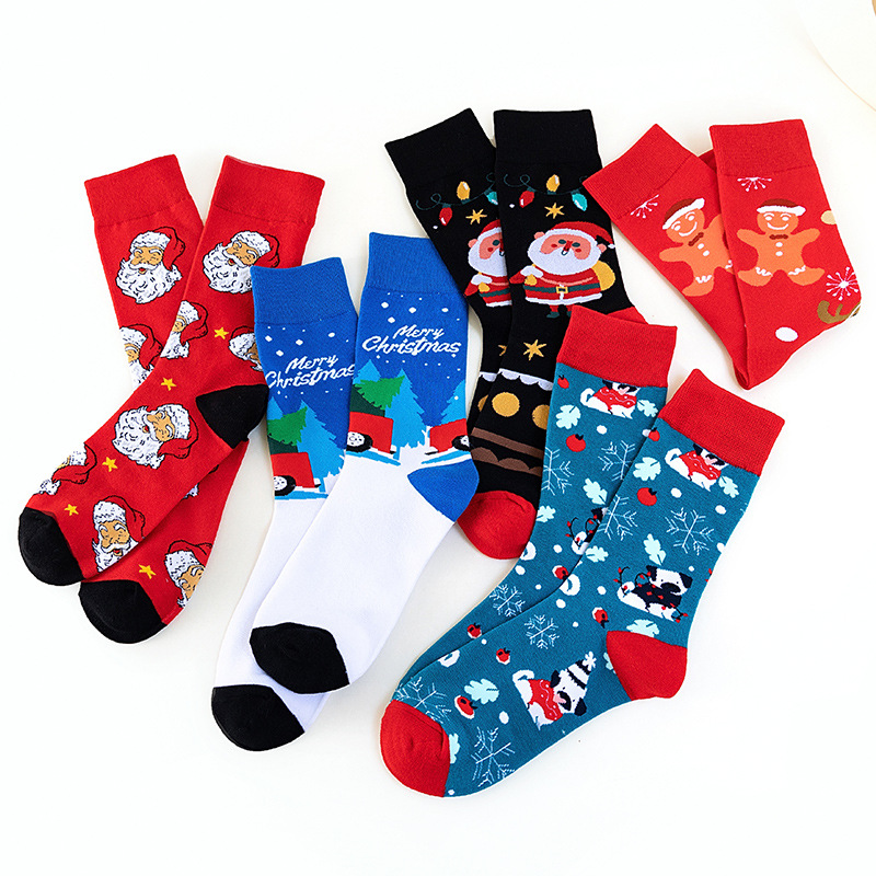 4 Pairs Christmas Stockings Gift Set Europe and America Cross Border Santa Claus Snowman Cartoon Cotton Socks Christmas Stockings Wholesale