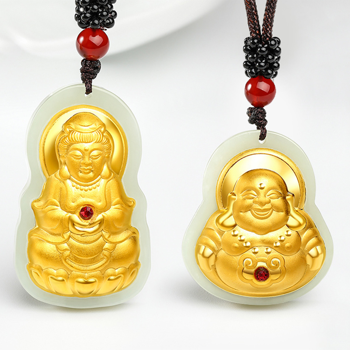 4d红宝石镶嵌和田玉足金笑佛金镶玉吊坠 观音玉石挂坠厂家批发