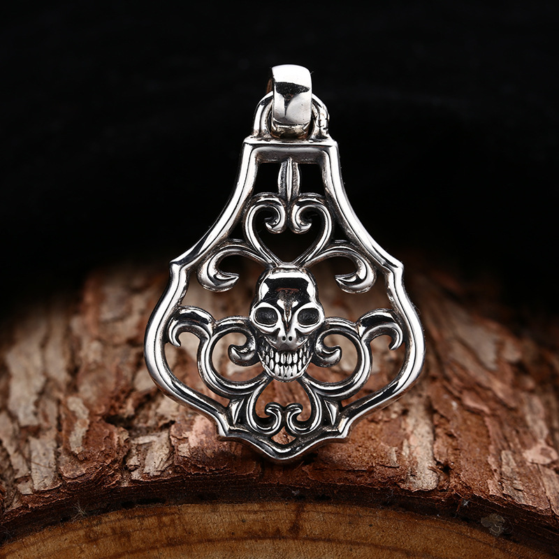 批发925纯银吊坠 个性百搭藤花骷髅吊坠 泰银复古做旧