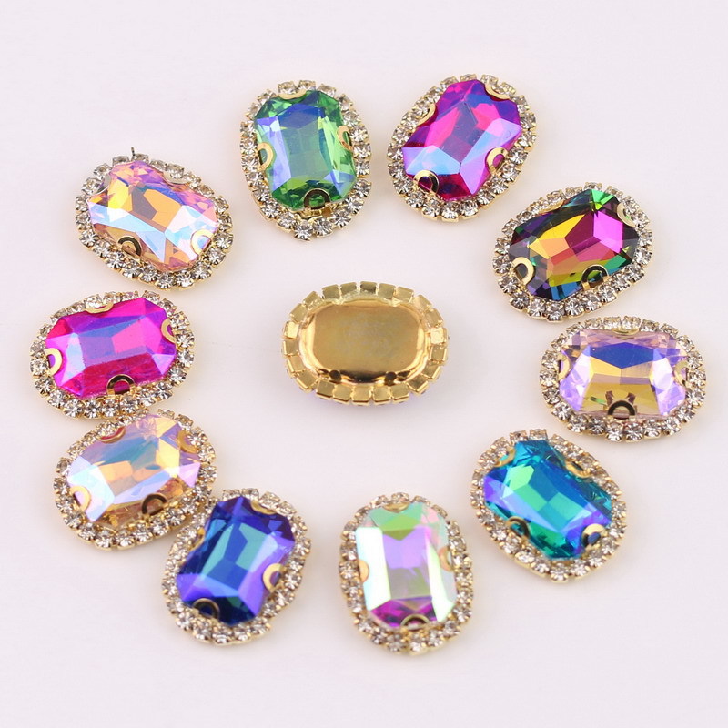 Rectangular Octagonal Glass AB Colorful Crystals Buckle Claw Chain Surrounding Border Four Holes Hand Sewing Drill Decorative Diamond DIY Clothing Accessories Wholesale