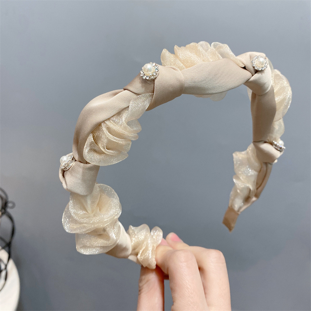 Snowflake Rhinestone Pleated Headband Organza Pile Folding Design Sense Korean Style High Skull Top Headband Handmade Hair Accessories