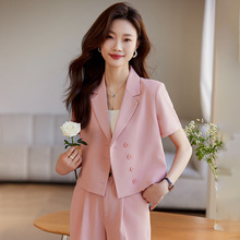 粉色短袖西装套装女夏薄款2024新款高级感休闲小个子短款西服外套