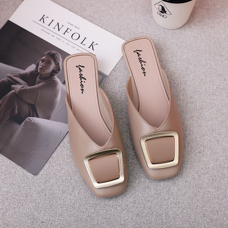 2023 New Muller Flat Heel Buckle Square Toe Lazy Sandals Women's Shoes Square Buckle Closed Toe Half Slippers Women's Fashion Outerwear