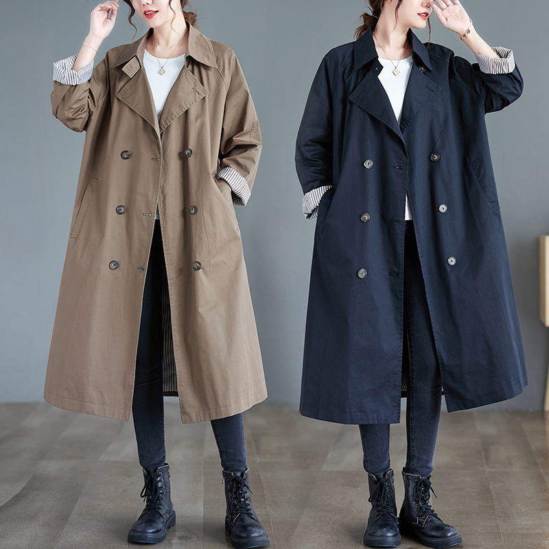 实拍翻领长风衣外套大码女装秋冬新款宽松气质中长款风衣外套