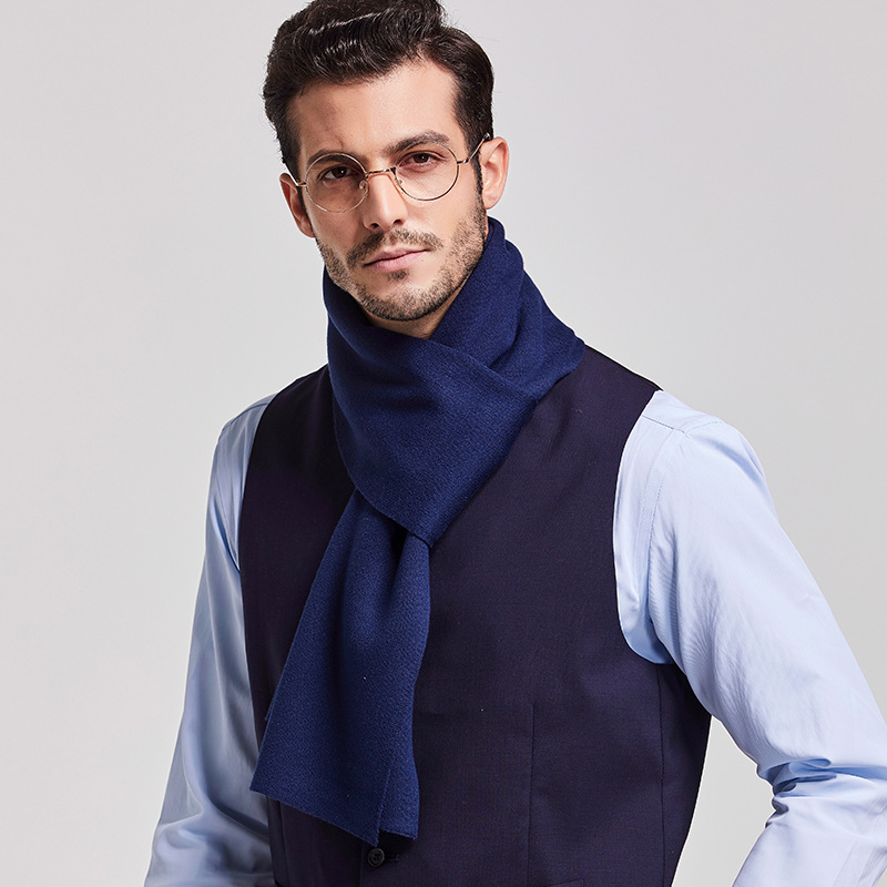 韩版秋冬季保暖围脖商务纯色男士羊毛围巾披肩长款深蓝色批发定制