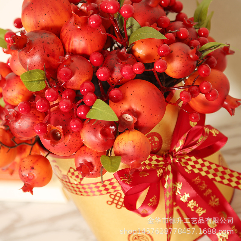 DSEN Lunar New Year Flower Ring New Year Decoration Fu Bucket Pomegranate Chinese Hawthorn Fortune Fruit Pot Moving into the New House Decoration Ornaments