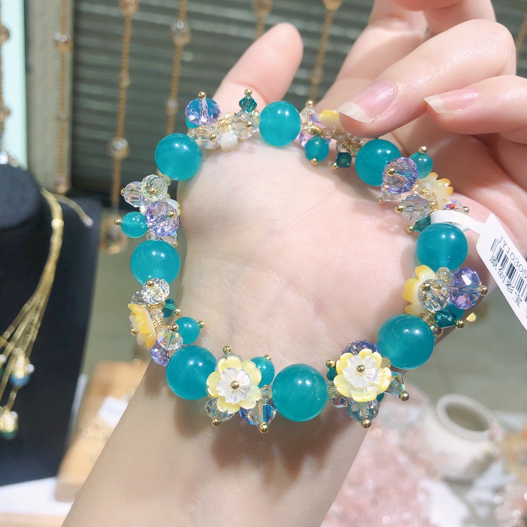 天然红兔毛海蓝宝粉晶花仙子款手链奥地利水晶手串女手工diy饰品