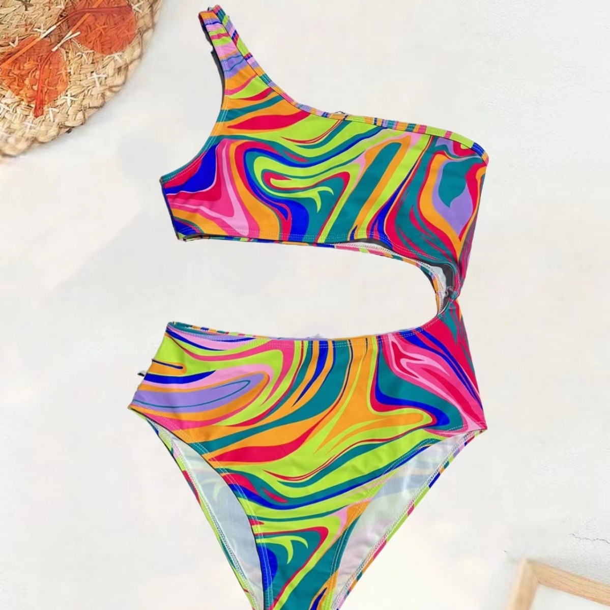 新款2024欧美比基尼bikini彩虹扎染不规则露腰连体时尚泳衣-阿里巴巴