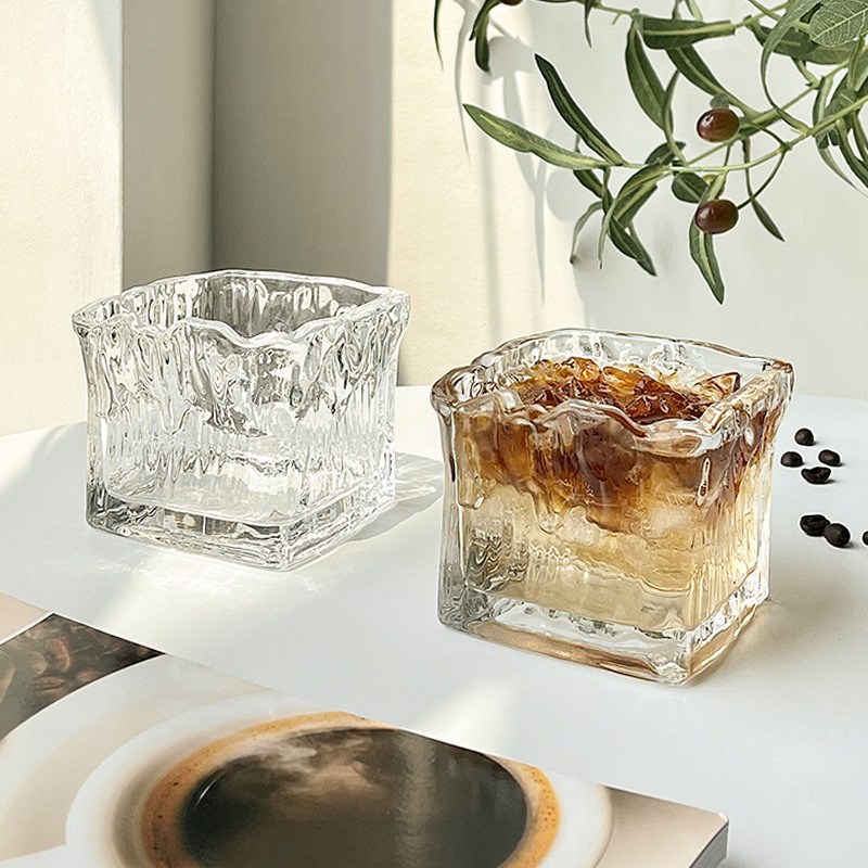 小众设计ins复古冰雕玻璃杯 方形拿铁咖啡杯威士忌杯冷饮杯早餐碗