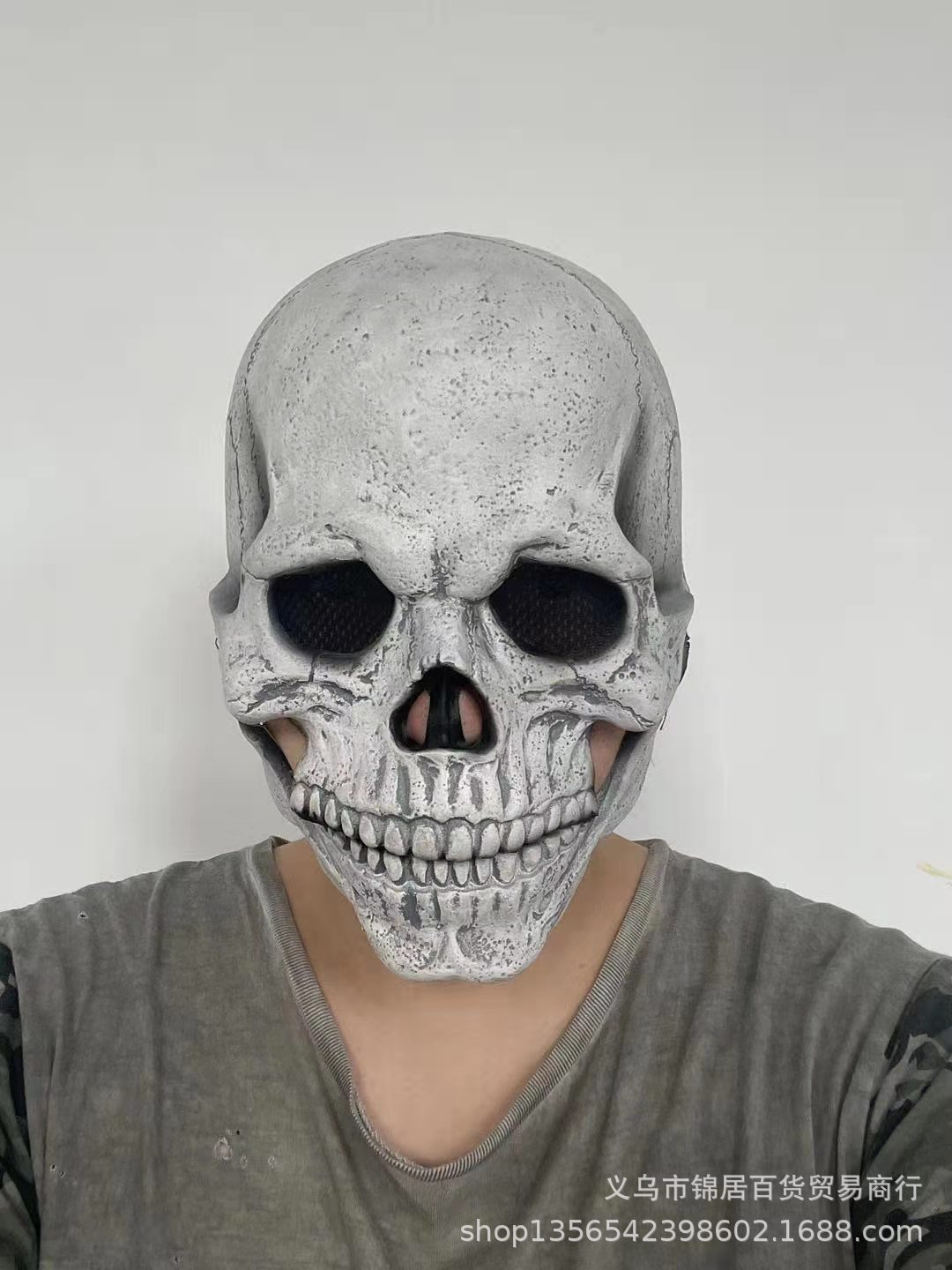 嘴巴会动鬼节骷髅头面具全头颅骨面罩头盔可动颚乳胶面具厂家供应