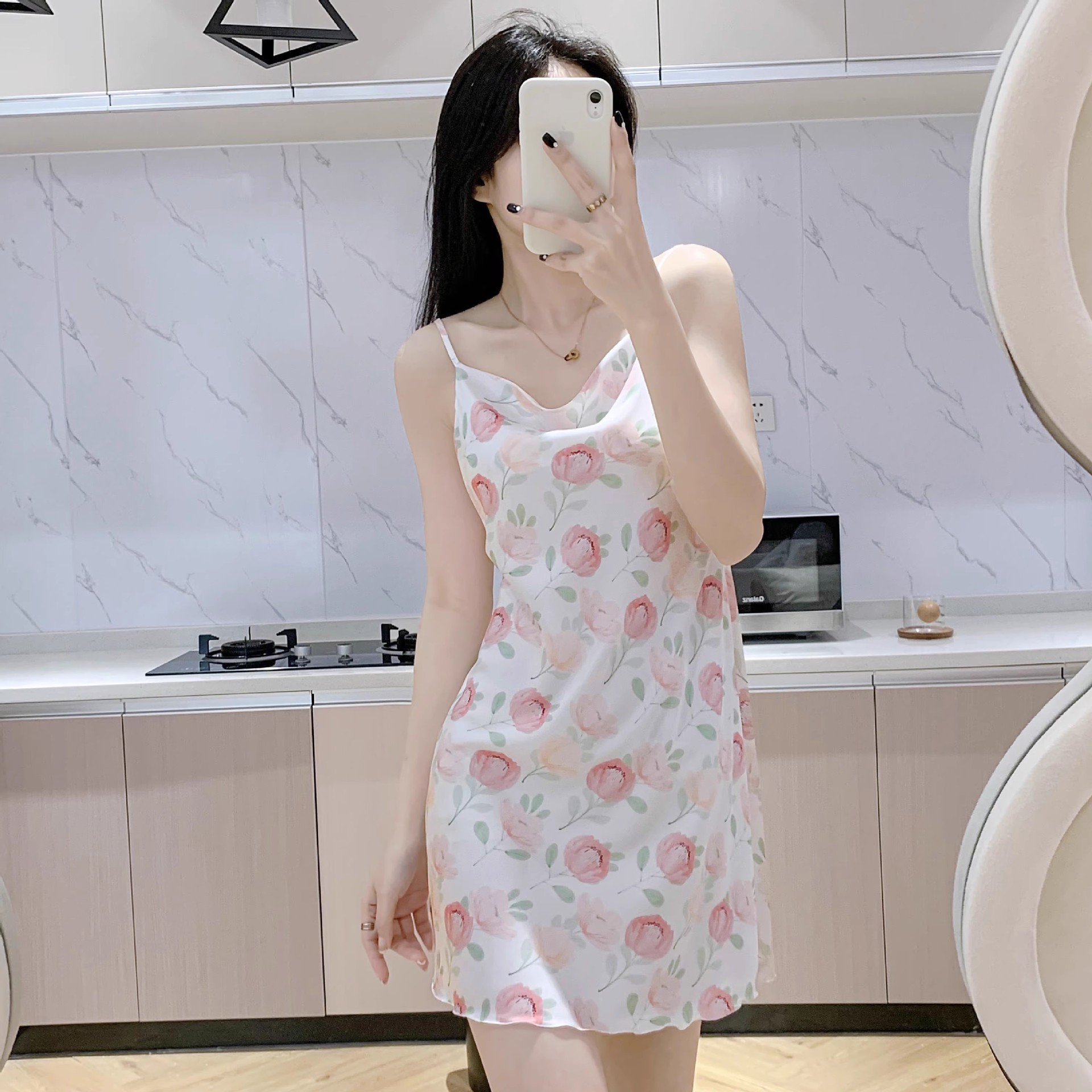 法式性感吊带睡裙女夏季冰丝轻奢丝绸高级荡领碎花睡裙居家连衣裙