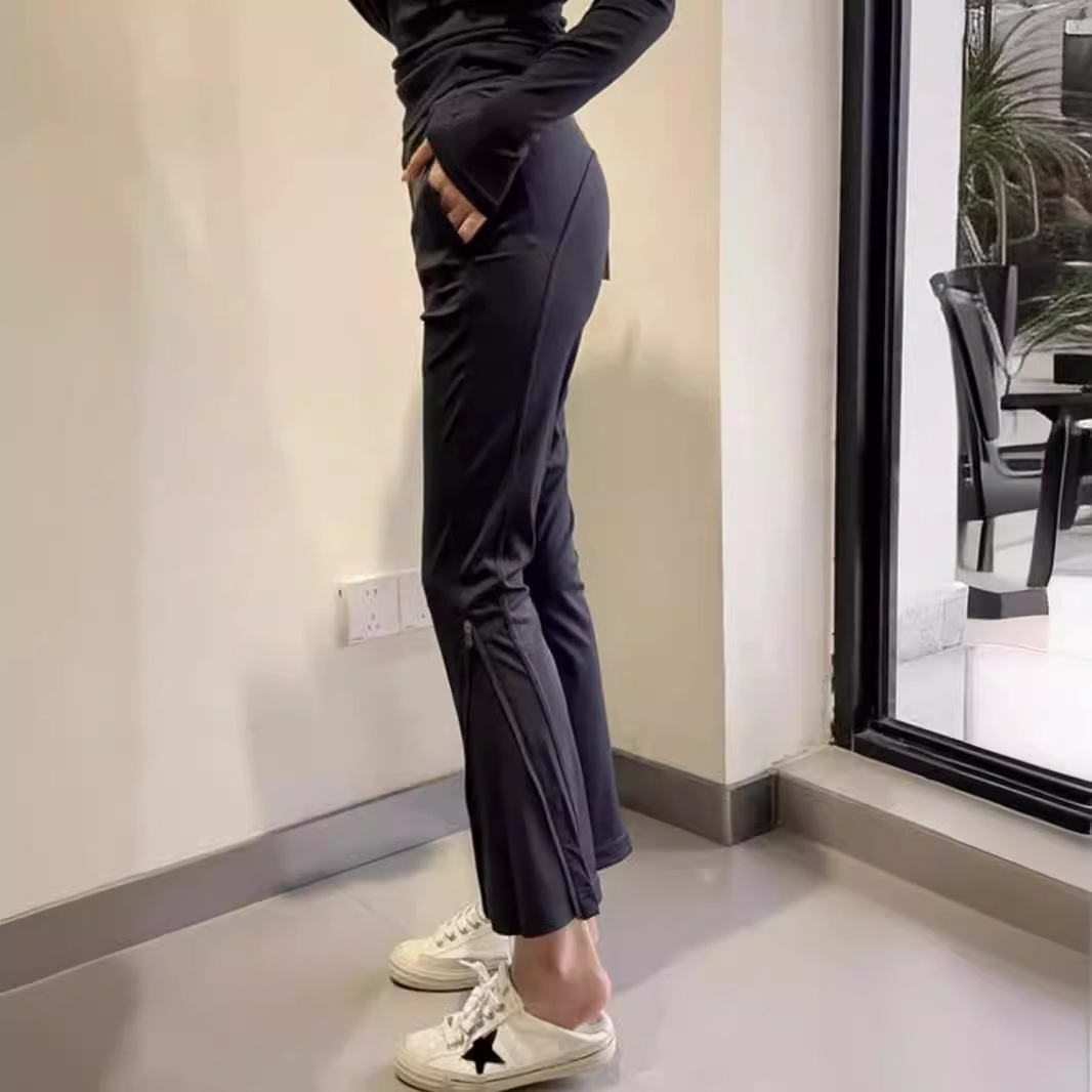 外贸女装 高腰垂感微喇运动裤休闲长裤小个子拉链瑜伽裤子显瘦新