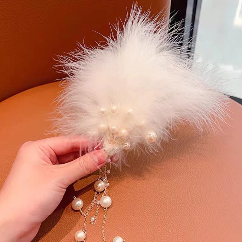Ancient Style Han Chinese Clothing Headdress Super Fairy Feather Barrettes Tassel Girls' Hair Accessories Side Clip Pompon a Pair of Hairclips New Chinese Style Accessories