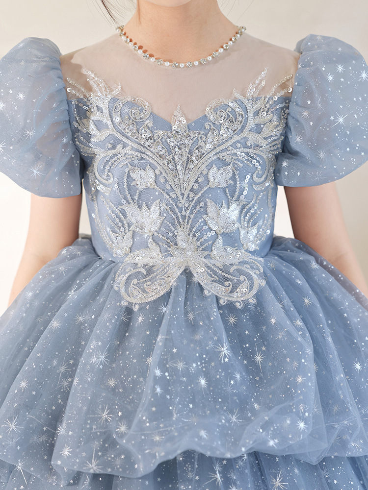 Children's Dress Blue Princess Dress 2024 New Fashion Temperament Host Catwalk Performance Costumes French Entry Lux Female