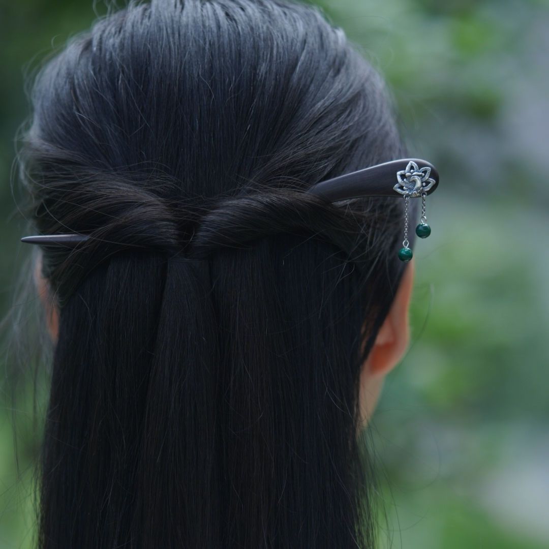 Peacock Feather Hairpin Antique Hair Clasp for Cheongsam Simple Daily S925 Silver Blackwood Updo Special-Interest Design Hair Accessories