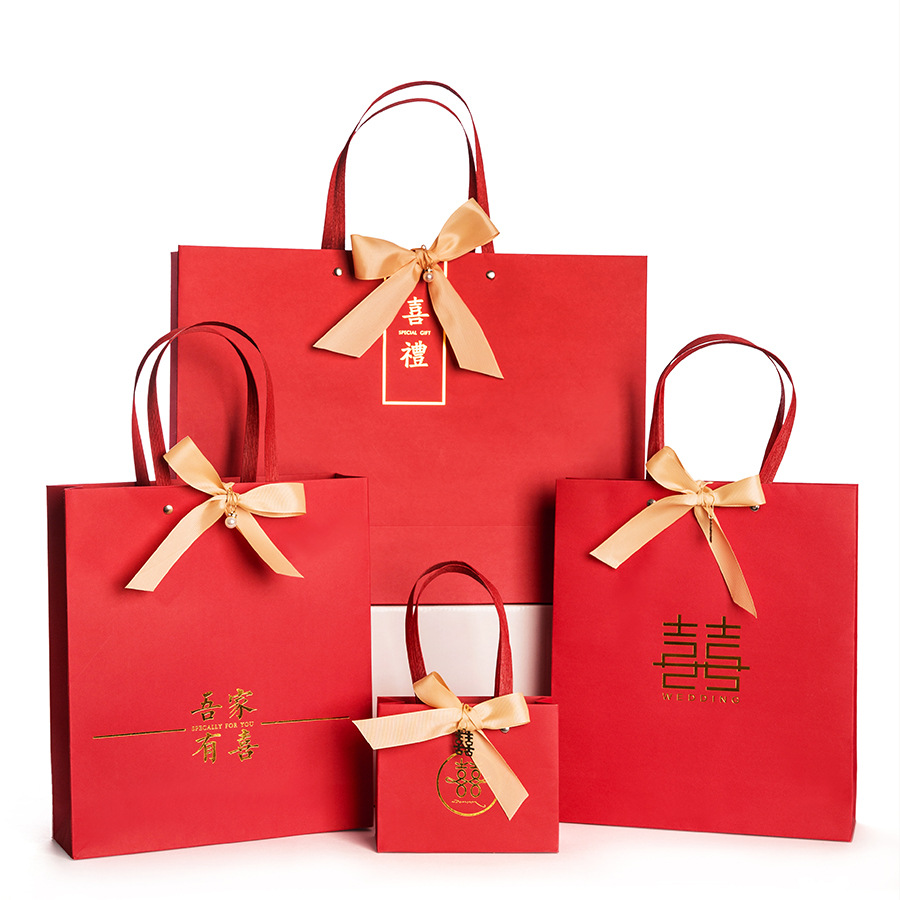红色纸袋手提袋子牛皮卡纸手提袋结婚回礼喜糖包装纸袋子现货