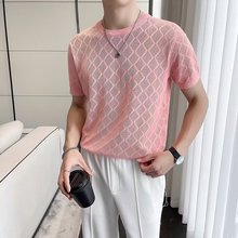冰丝短袖t恤男夏季2024新款潮流修身镂空针织半袖凉感拼接体恤衫