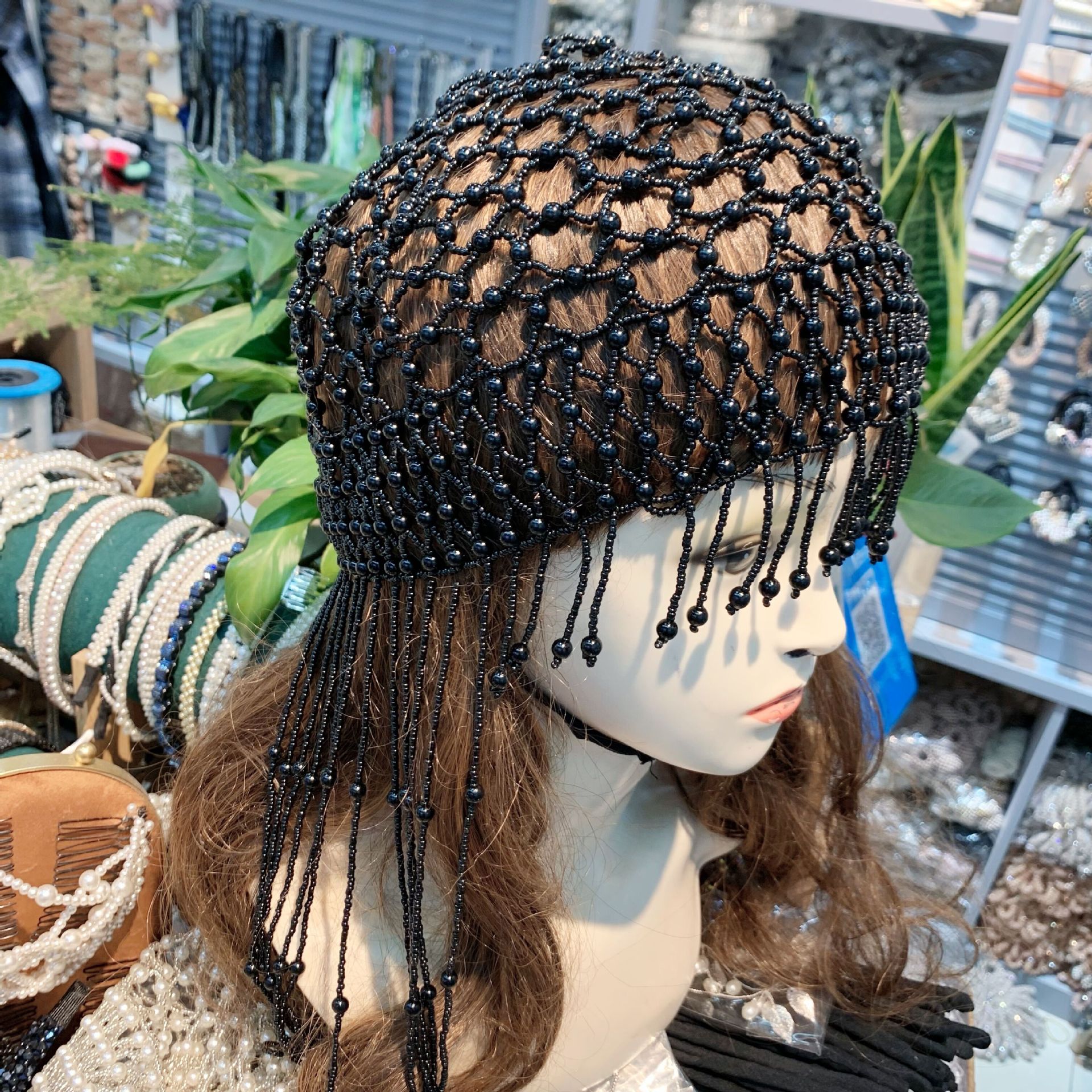 新款新娘珍珠米珠流苏帽子纯手串珠超仙韩式结婚造型写真影楼头饰