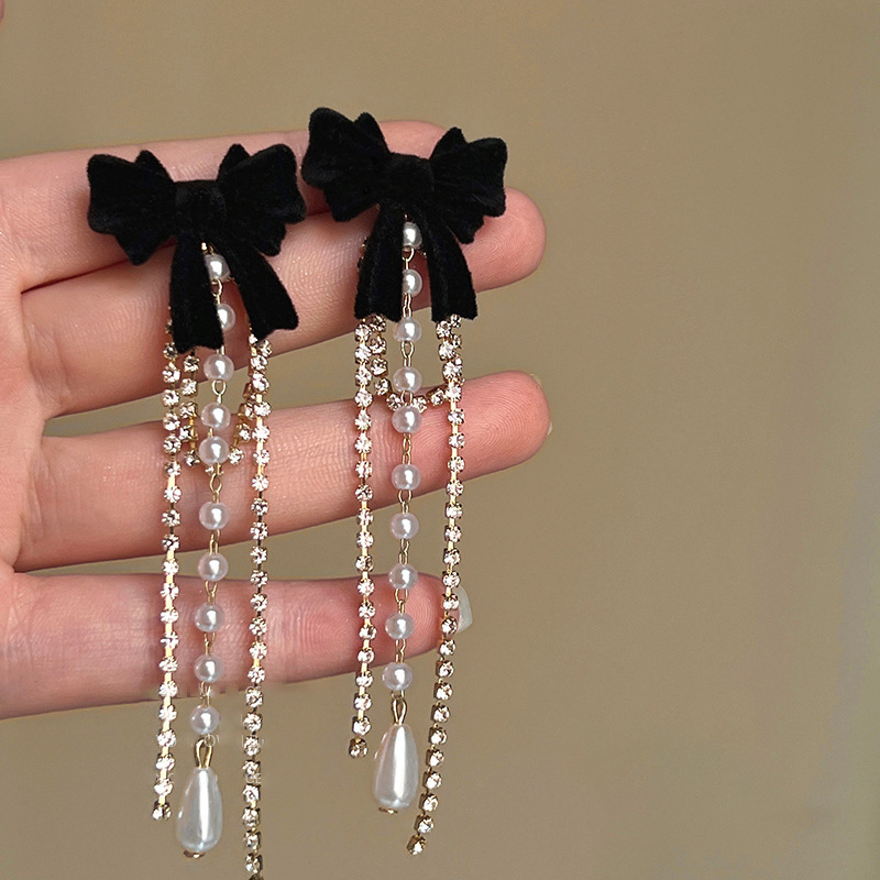 Silver Needle New Chinese Style Black Bamboo Flower Pearl Tassel Earrings Elegant All-Match Earrings High-Grade Earrings for Women