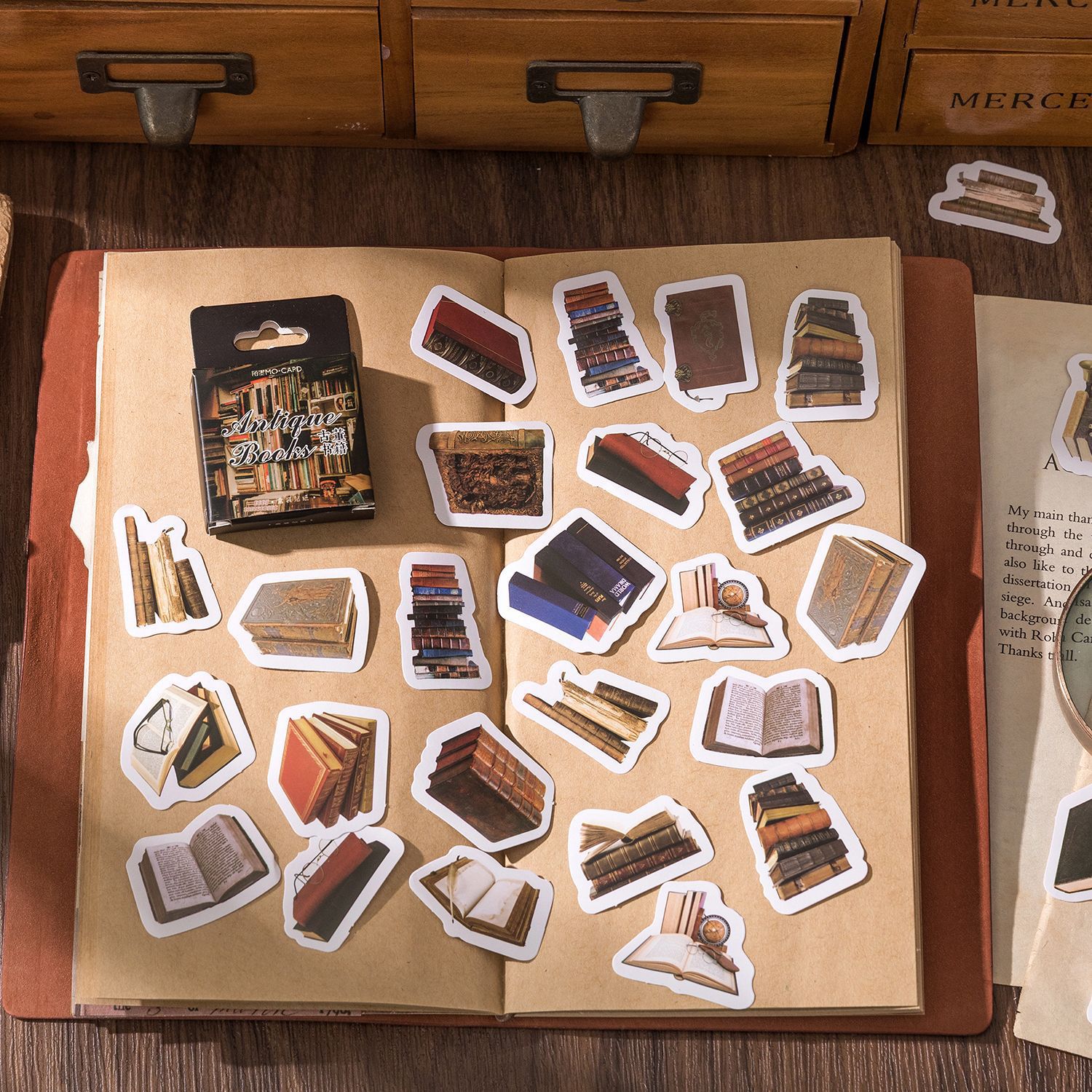 陌墨盒装贴纸 古董书籍 多款盒装手帐装饰素材贴画45/46枚入 6款