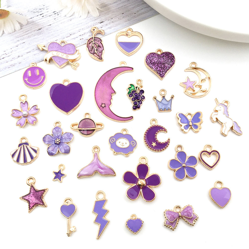 Mixed 30 Purple Series Alloy Drop Oil Pendant Lightning Flower Love Grape Fashion DIY Ornament Accessories