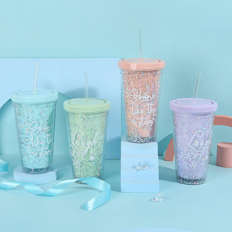 Internet Celebrity Star Sequins Creative Plastic Student Gift Cup Summer New Double-Layer Home Carrying Straw Ice Cup