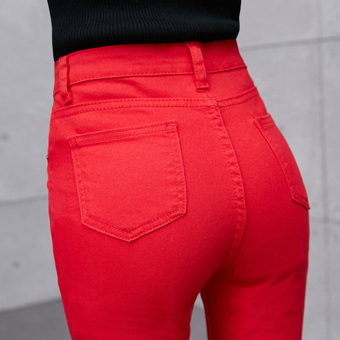 红色牛仔裤女高腰秋冬夏修身显瘦小脚铅笔裤韩版休闲纯色大码长裤