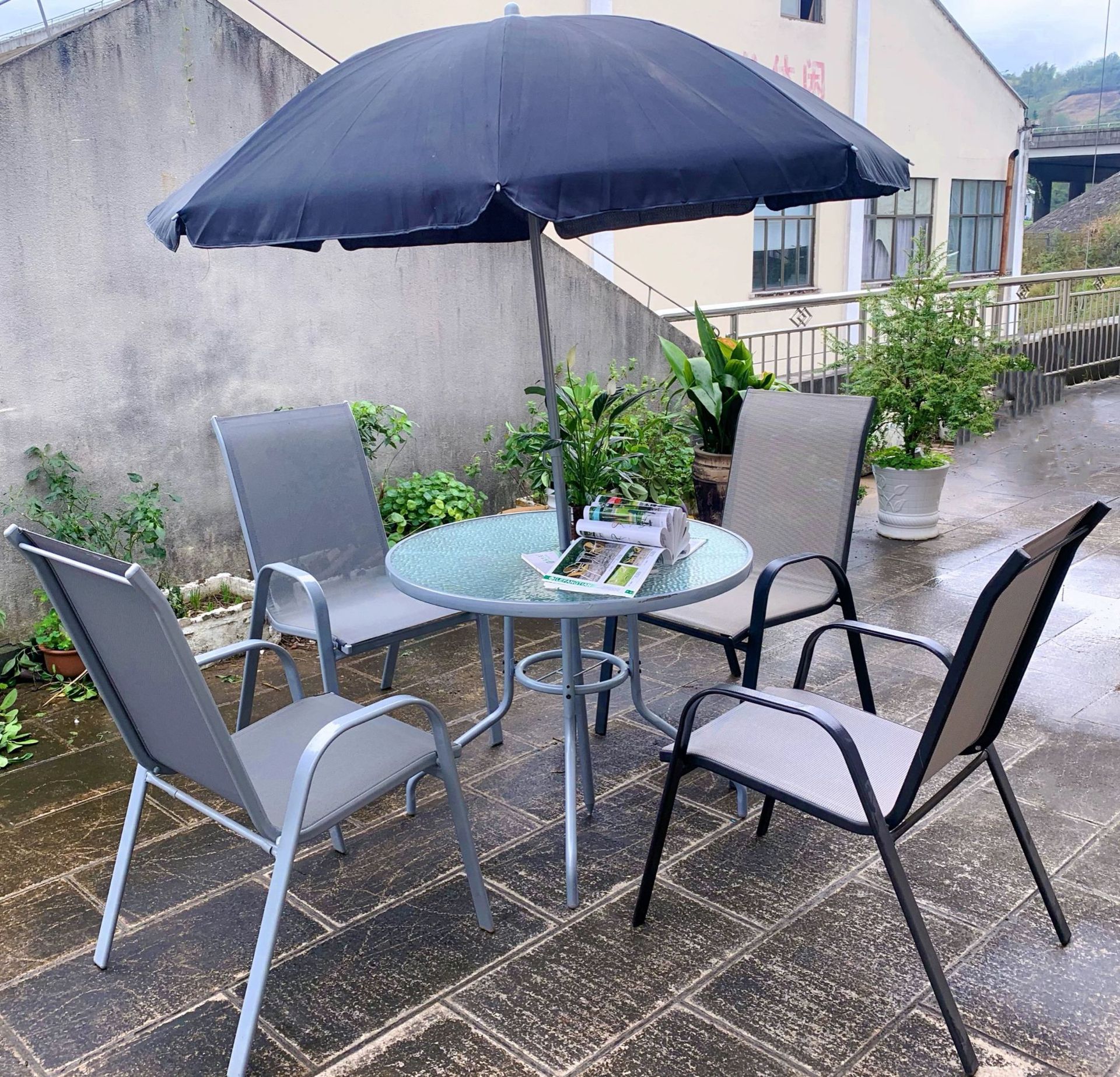 户外休闲阳台桌椅庭院露天遮阳伞铁艺扶手特斯林堆高